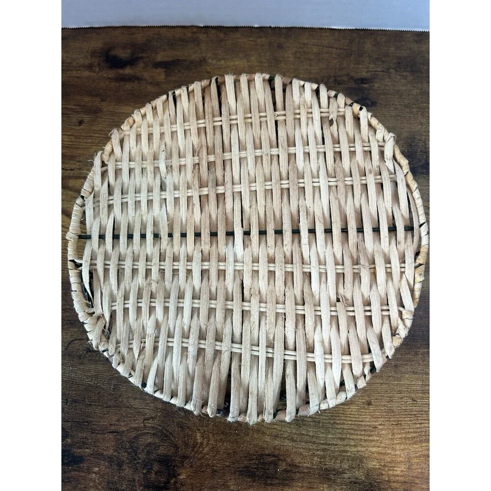 Vintage Wicker Wire Basket Tray Round Farmhouse Boho Cottage Centerpiece Decor